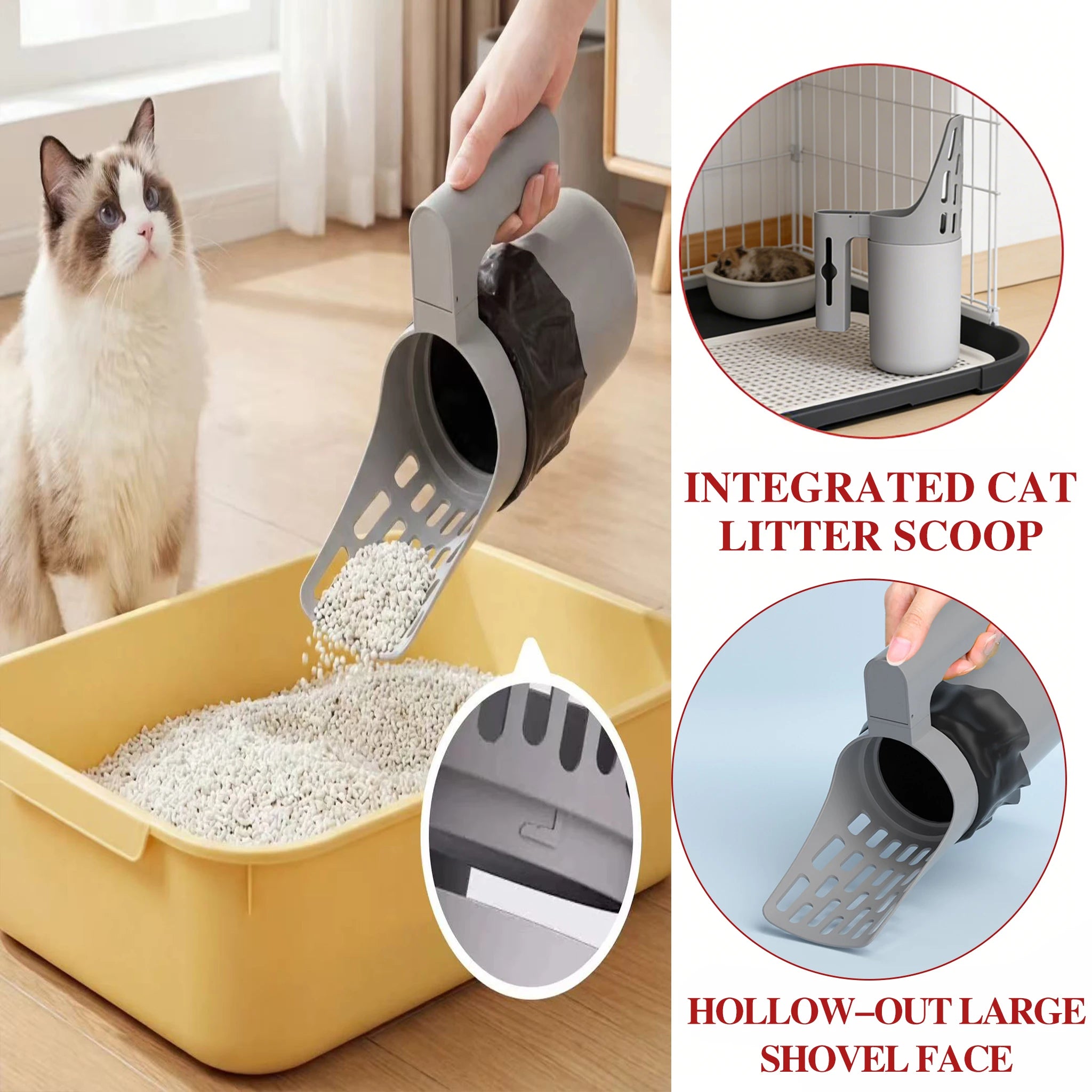 Pala para Arena de Gatos 2 en 1 con Contenedor, Tamiz Desmontable y Dispensador de Bolsas Integrado