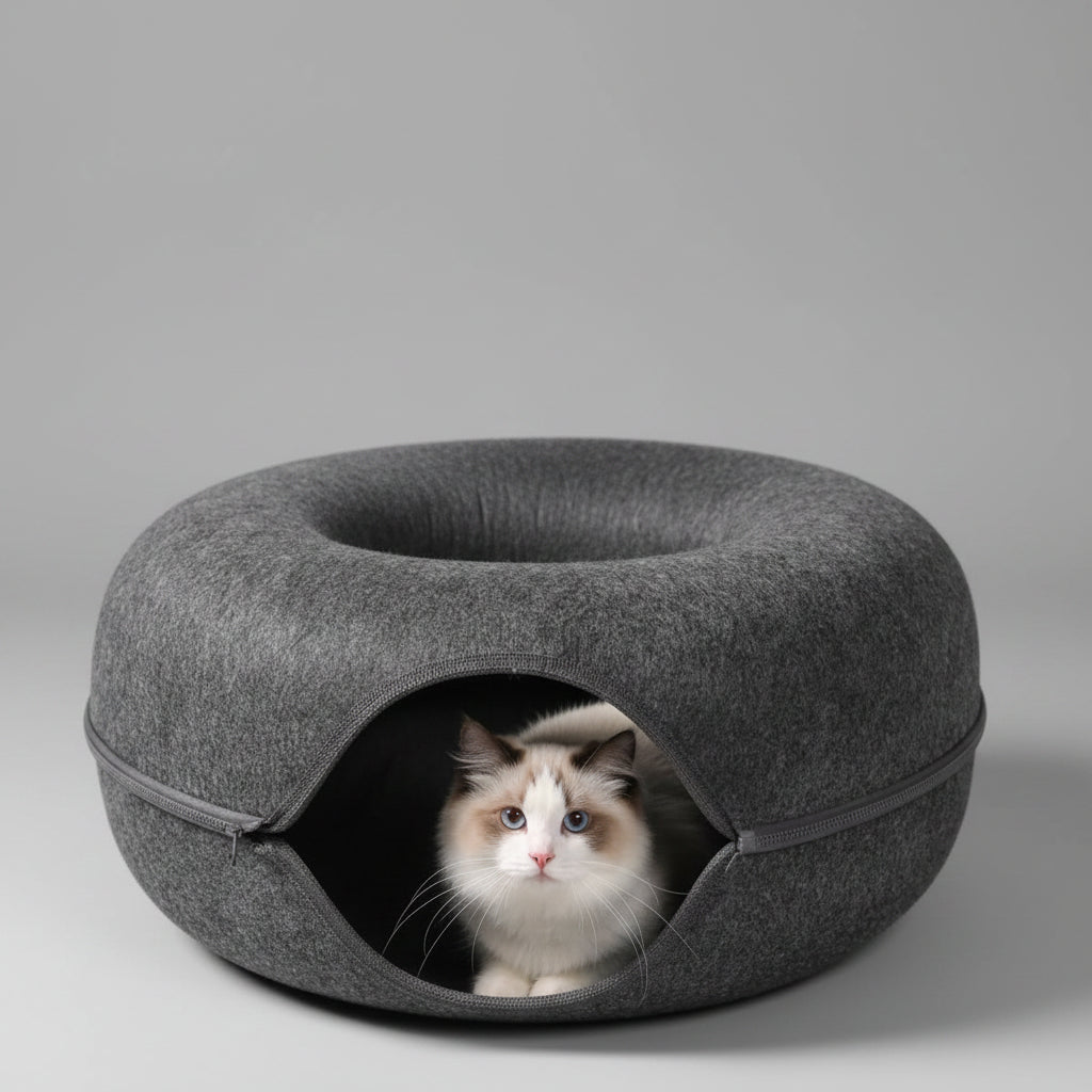 Cama Nido Redonda para Gatos – Fieltro Suave con Diseño Túnel