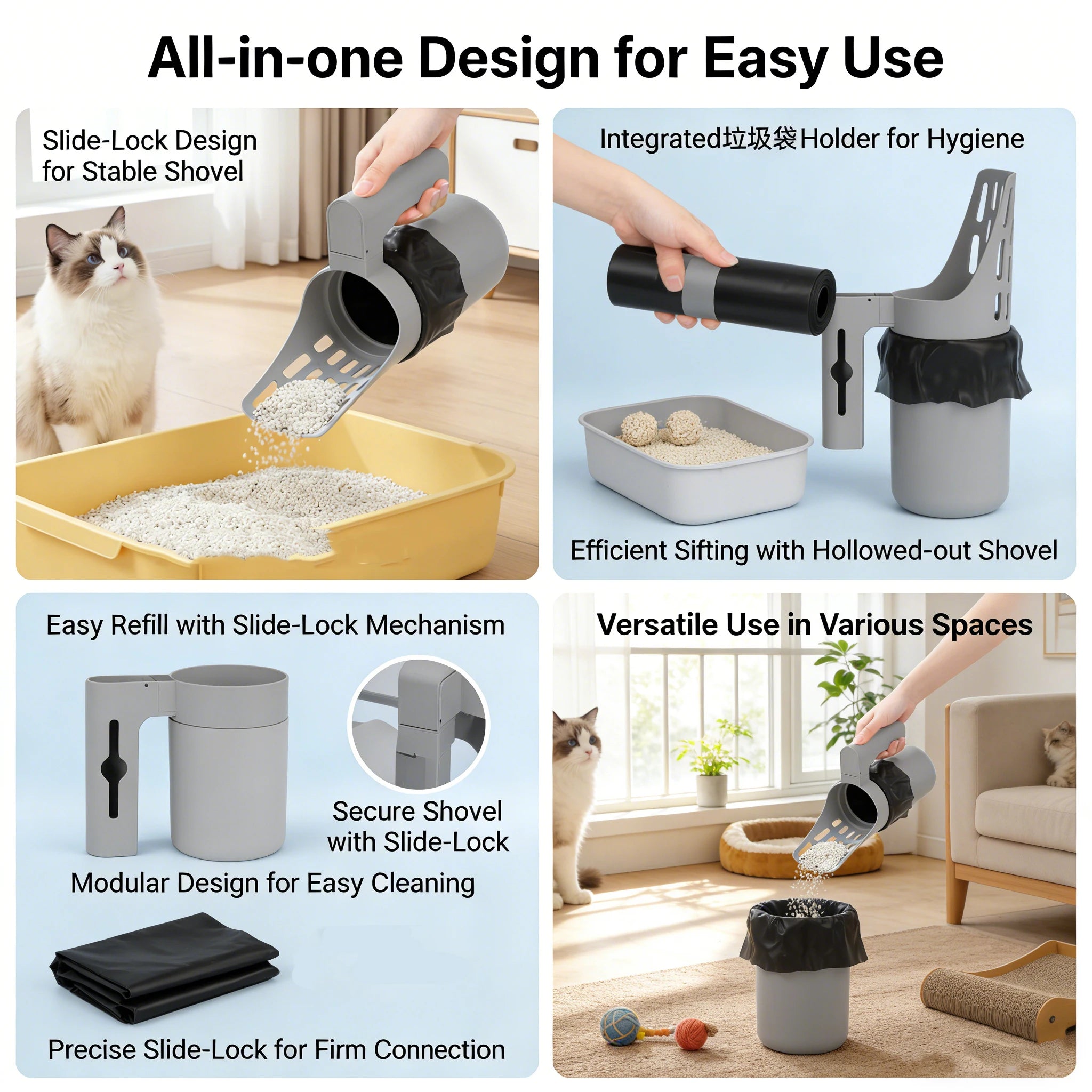 Pala para Arena de Gatos 2 en 1 con Contenedor, Tamiz Desmontable y Dispensador de Bolsas Integrado