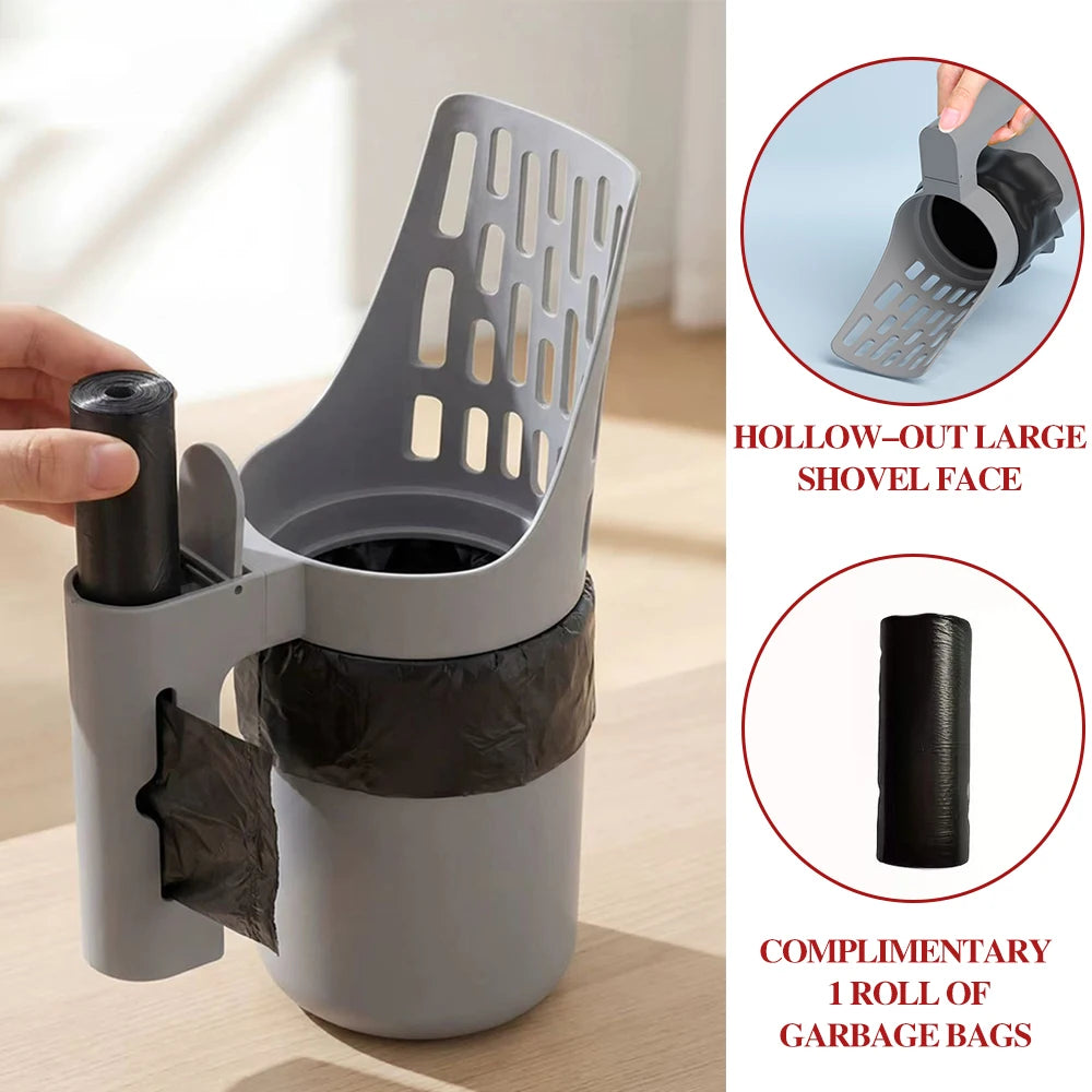 Pala para Arena de Gatos 2 en 1 con Contenedor, Tamiz Desmontable y Dispensador de Bolsas Integrado